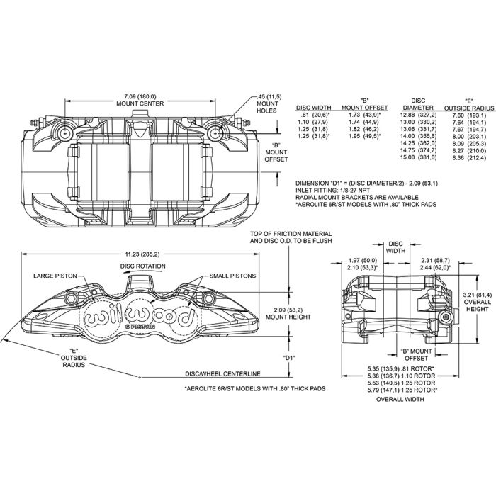 Wilwood 120-13292 Aero6 Radial Mount Caliper Left 6 Pistons