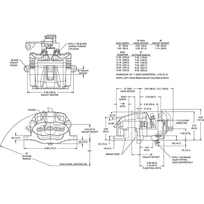 Wilwood 120-10112-13 Combination Parking Brake Radial Mount Caliper Left 1 Piston Black