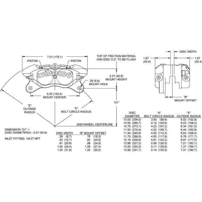 Wilwood 120-14153 Dynapro Universal Lug Mount Caliper 4 Pistons Nickel