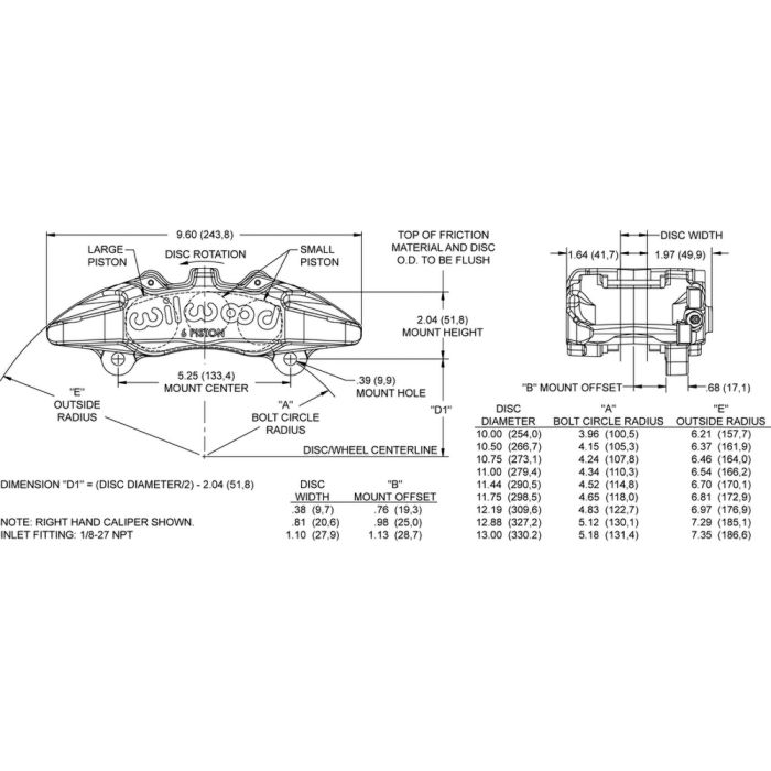 Wilwood 120-13432 Forged Dynapro 6A Lug Mount Caliper Right 6 Pistons Nickel