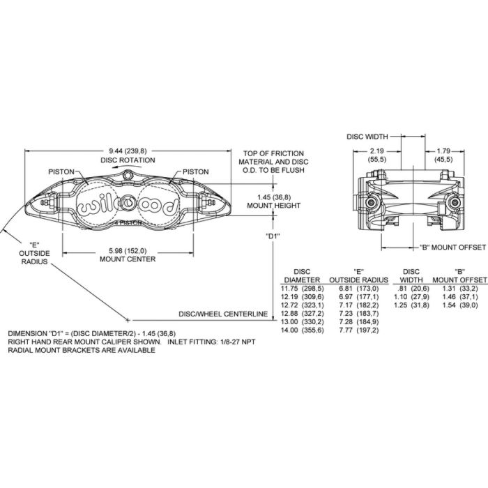 Wilwood 120-11782 FNSL4R Universal Radial Mount Caliper 4 Pistons Yellow