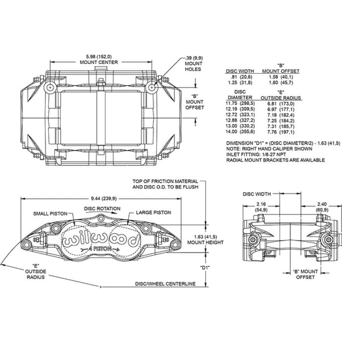 Wilwood 120-13233 Forged Superlite Universal Radial Mount Caliper 4 Pistons Nickel