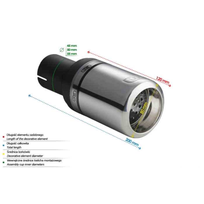 Universal Exhaust Tail Pipe Muffler Tip round 80mm lenght 200mm mounting diameter 45mm