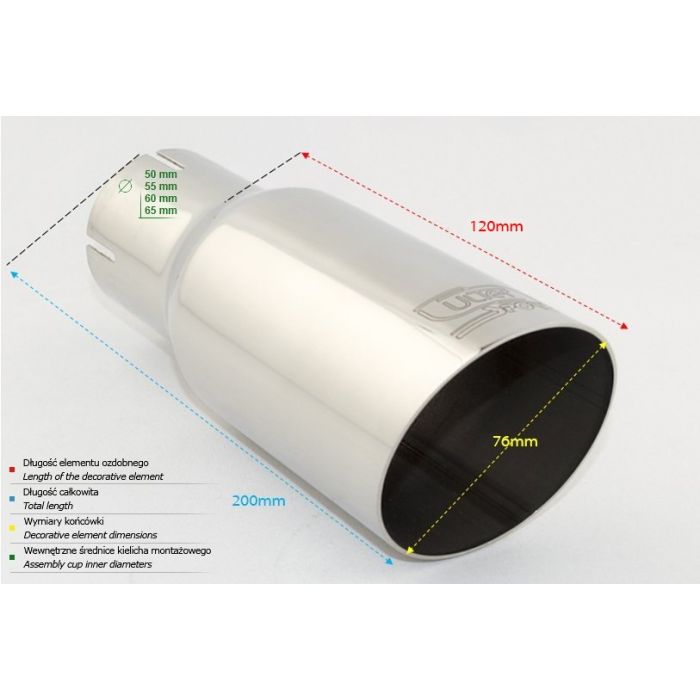 Universal Exhaust Tail Pipe Muffler Tip round 76mm lenght 120mm mounting diameter 65mm