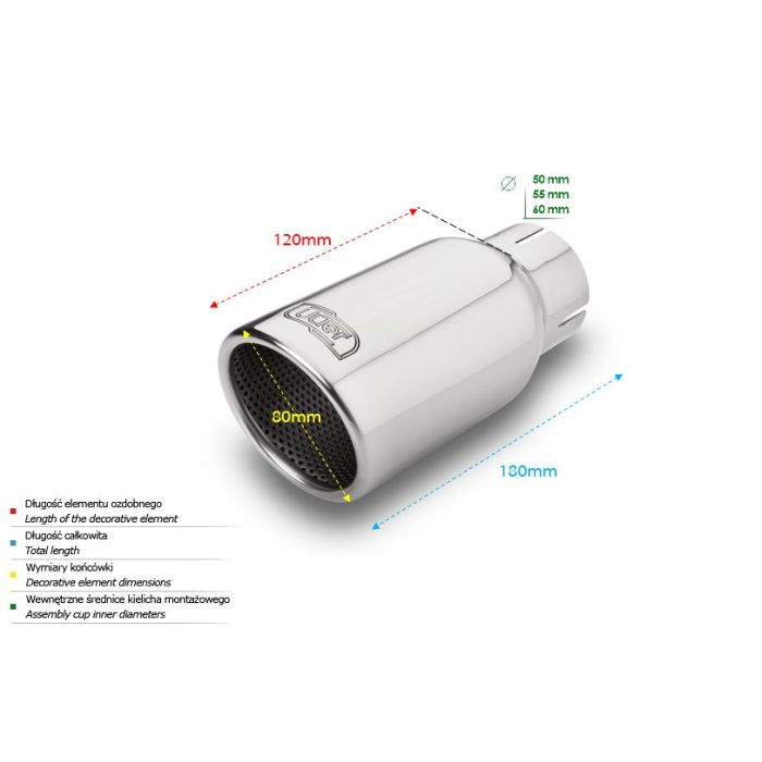 Universal Exhaust Tail Pipe Muffler Tip round 80mm lenght 120mm mounting diameter 55mm