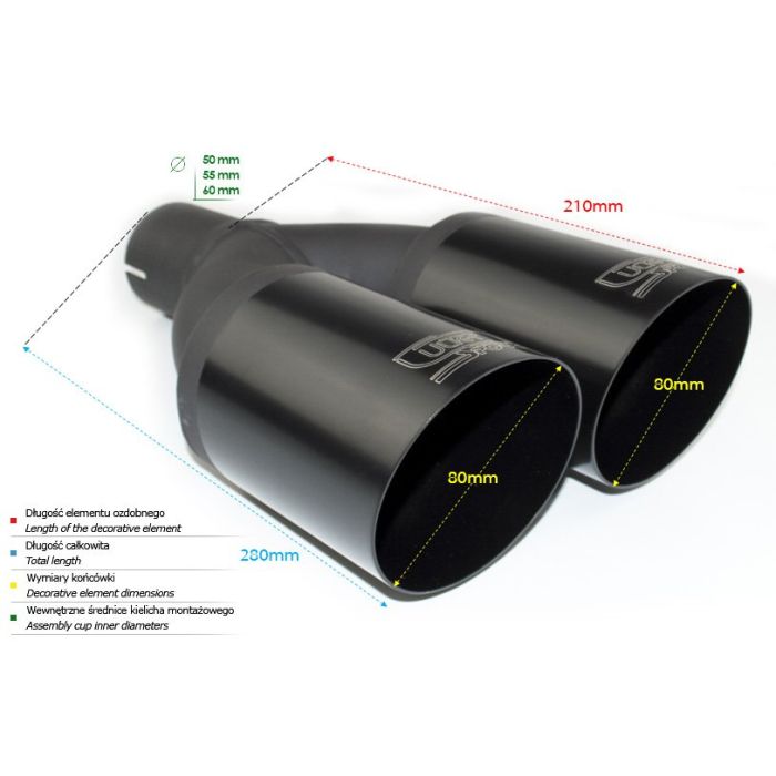 Universal Exhaust Tail Pipe Muffler Tip round 90mm lenght 220mm mounting diameter 55mm