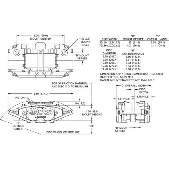 Wilwood 120-8729 Powerlite Universal Radial Mount Caliper 4 Pistons Red