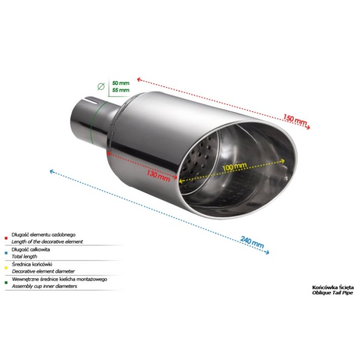 Universal Exhaust Tail Pipe Muffler Tip round 100mm lenght 150mm mounting diameter 55mm