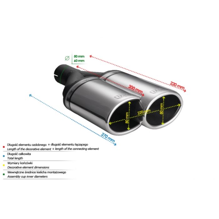 Universal Exhaust Tail Pipe Muffler Tip oval 220×80mm lenght 220mm mounting diameter 60mm