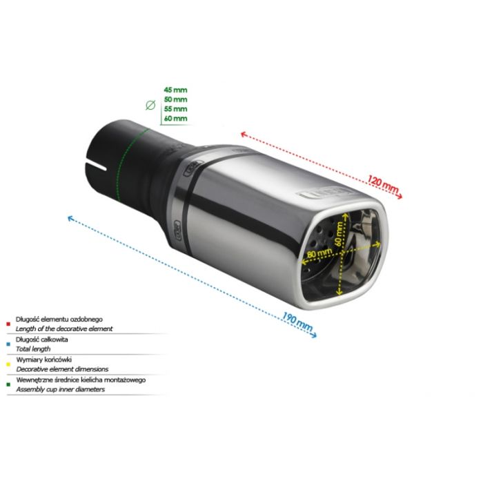 Universal Exhaust Tail Pipe Muffler Tip rectangular 80×65mm lenght 120mm mounting diameter 50mm