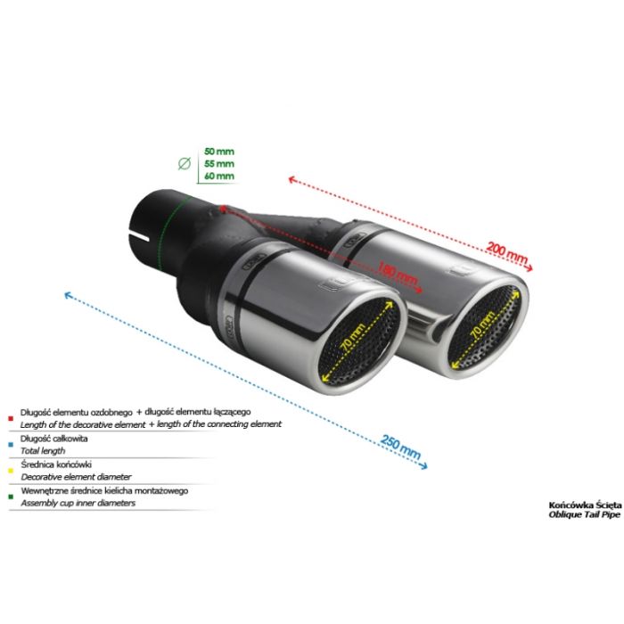 Universal Exhaust Tail Pipe Muffler Tip round 70mm lenght 200/180mm mounting diameter 55mm