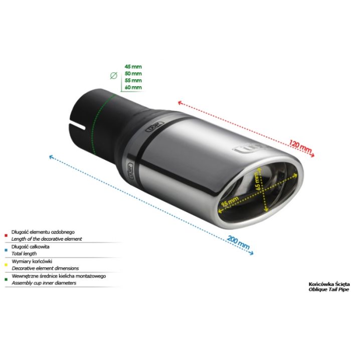 Universal Exhaust Tail Pipe Muffler Tip oval 95×65mm lenght 200mm mounting diameter 50mm
