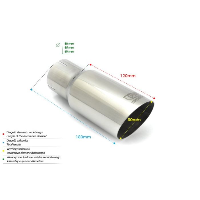 Universal Exhaust Tail Pipe Muffler Tip round 80mm lenght 120mm mounting diameter 65mm