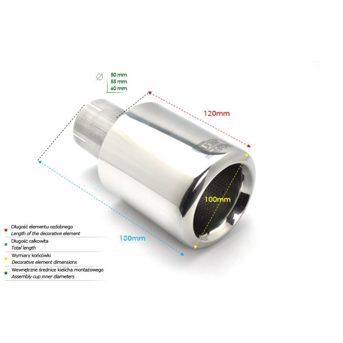 Universal Exhaust Tail Pipe Muffler Tip round 100mm lenght 120mm mounting diameter 50mm
