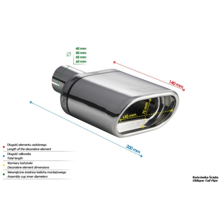 Universal Exhaust Tail Pipe Muffler Tip oval 145×75mm lenght 200mm mounting diameter 45mm