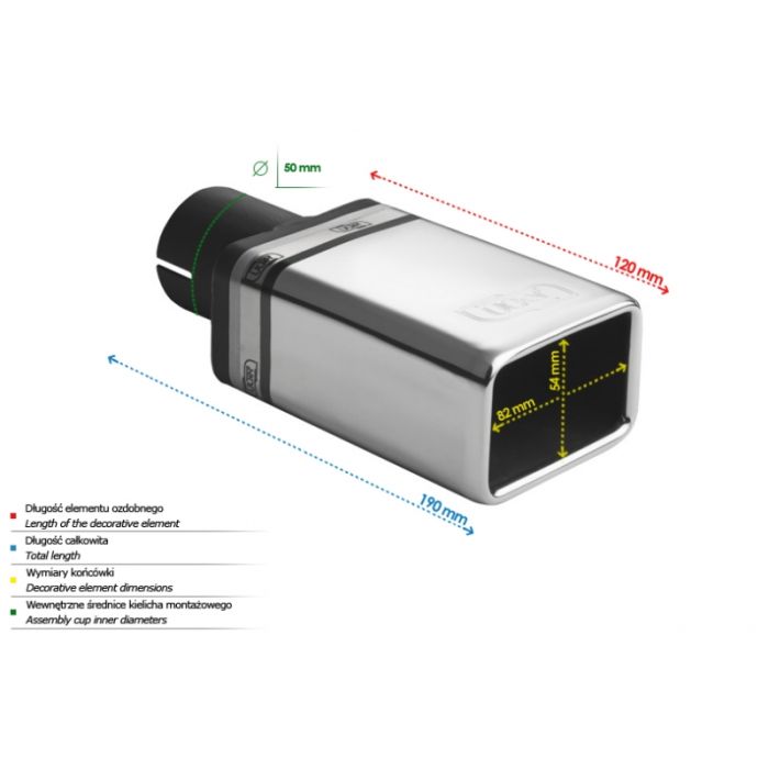 Universal Exhaust Tail Pipe Muffler Tip rectangular 82×54mm lenght 120mm mounting diameter 50mm