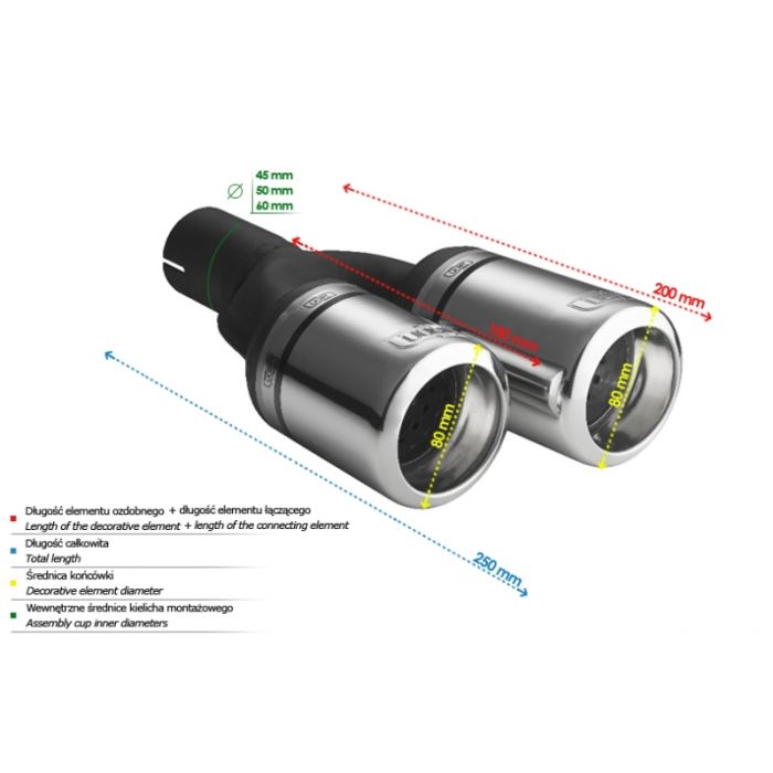 Universal Exhaust Tail Pipe Muffler Tip round 80mm lenght 200/180mm mounting diameter 45mm