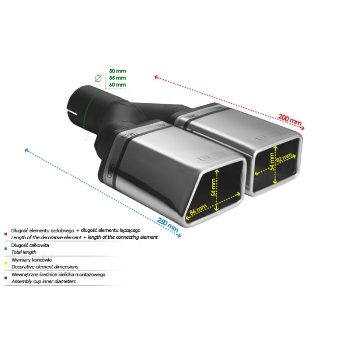Universal Exhaust Tail Pipe Muffler Tip special 86×54mm lenght 200mm mounting diameter 55mm