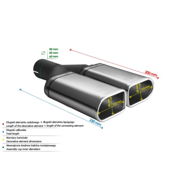 Universal Exhaust Tail Pipe Muffler Tip special 110×65mm lenght 200mm mounting diameter 55mm