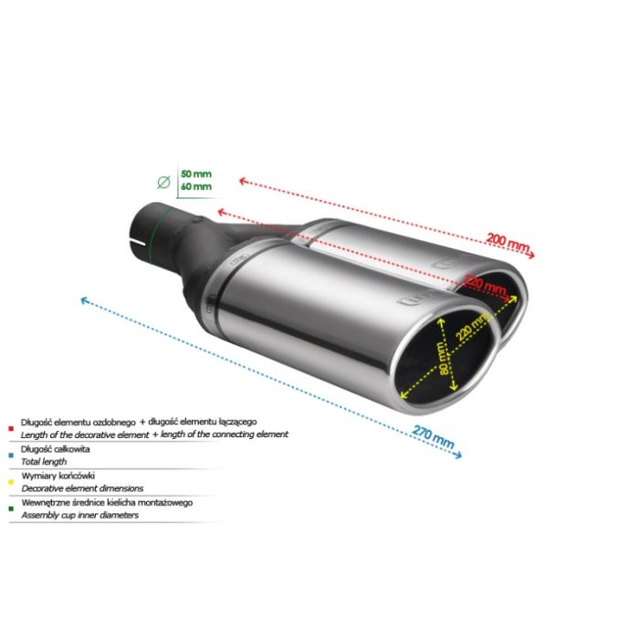 Universal Exhaust Tail Pipe Muffler Tip oval 220×80mm lenght 220mm mounting diameter 60mm