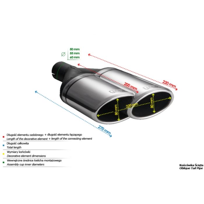 Universal Exhaust Tail Pipe Muffler Tip oval 220×80mm lenght 220mm mounting diameter 55mm
