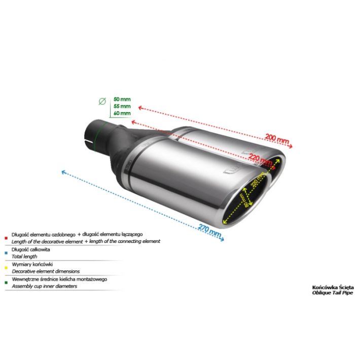 Universal Exhaust Tail Pipe Muffler Tip oval 220×80mm lenght 220mm mounting diameter 55mm