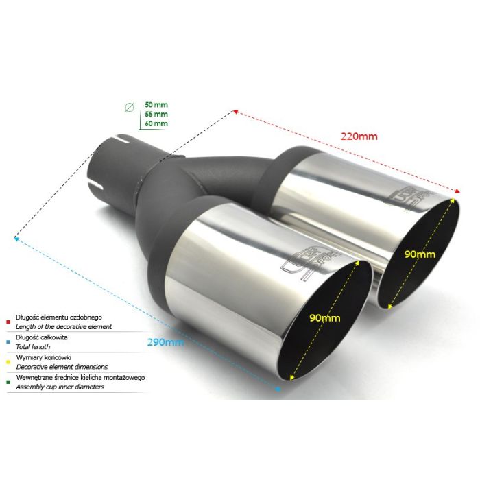 Universal Exhaust Tail Pipe Muffler Tip round 90mm lenght 220mm mounting diameter 65mm