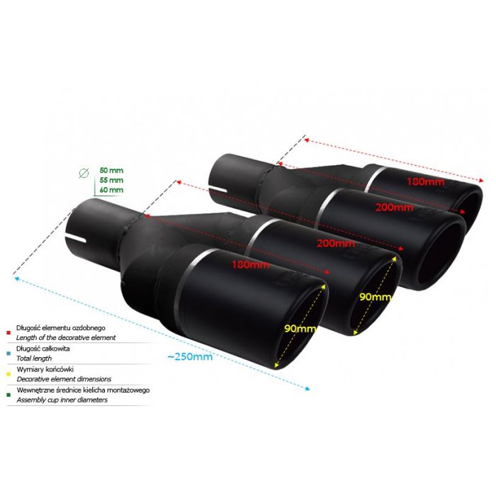 Universal Exhaust Tail Pipe Muffler Tip round 90mm lenght 225/205mm mounting diameter 55mm
