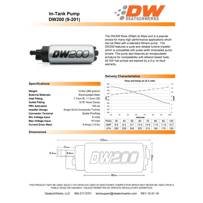 Pompa paliwa DW200 DeatschWerks (255lph), Mazda Miata MX-5 1994-2005 zestaw montażowy 9-0848