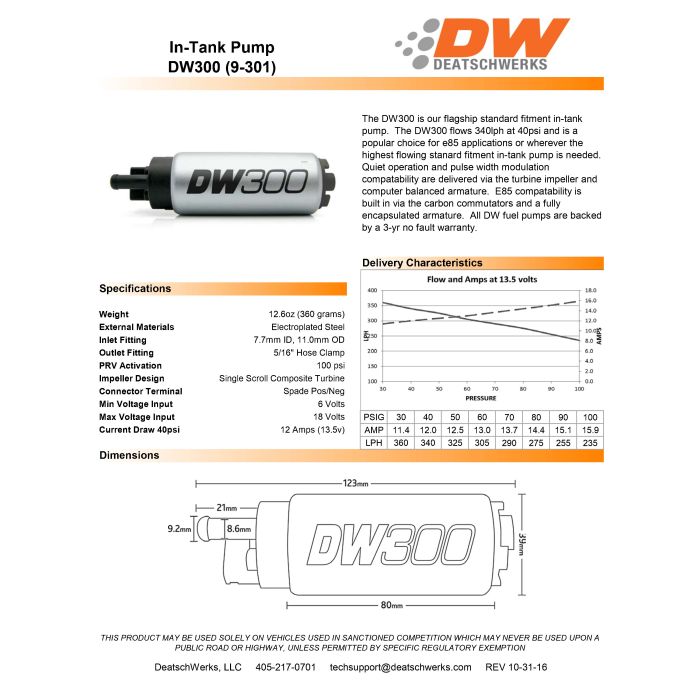 Pompa paliwa DW300 DeatschWerks (320lph), Mitsubishi Lancer EVO 3-9, Mitsubishi Eclipse GSX (turbo AWD) 1995-1999 zestaw montażowy 9-0847