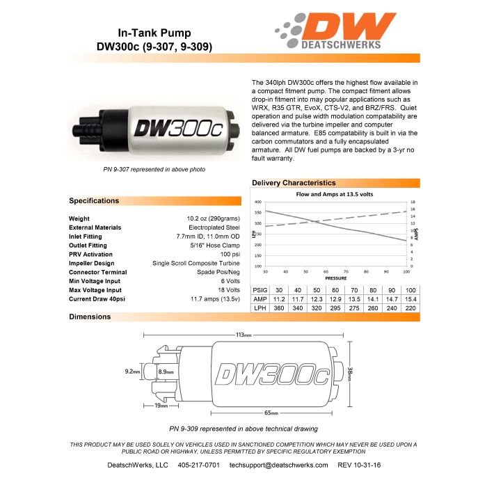 Pompa paliwa DW300C DeatschWerks (340lph) Honda Civic 16-20 Honda Civic Type-R 17-20 Honda Accord 18-20