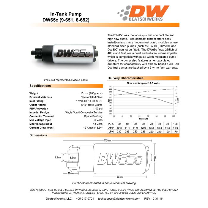 Pompa paliwa DeatschWerks DW65C 265 lph Honda Civic 06-11 USA-DW-9-651-1008 821,39 zł