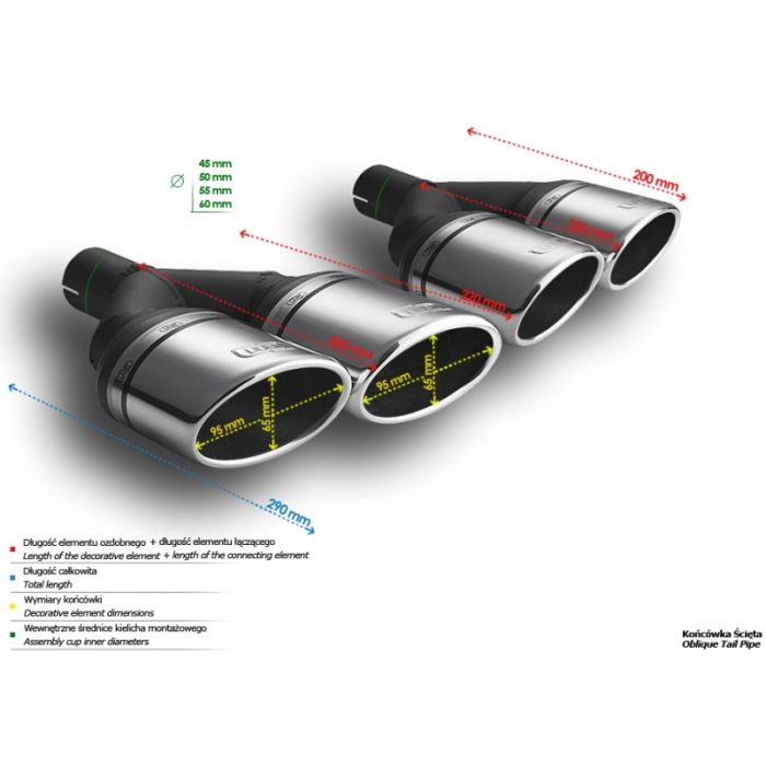 Universal Exhaust Tail Pipe Muffler Tip oval 95×65mm lenght 200/180mm mounting diameter 50mm