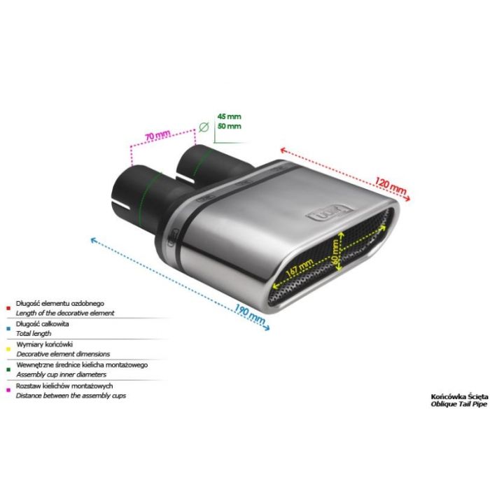 Universal Exhaust Tail Pipe Muffler Tip oval 167×60mm lenght 120mm mounting diameter 50mm
