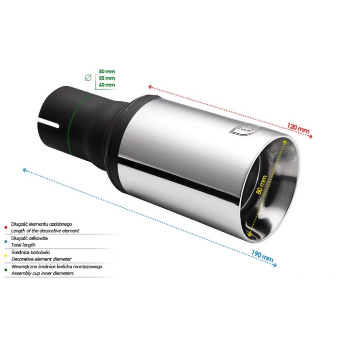 Universal Exhaust Tail Pipe Muffler Tip round 80mm lenght 120mm mounting diameter 55mm